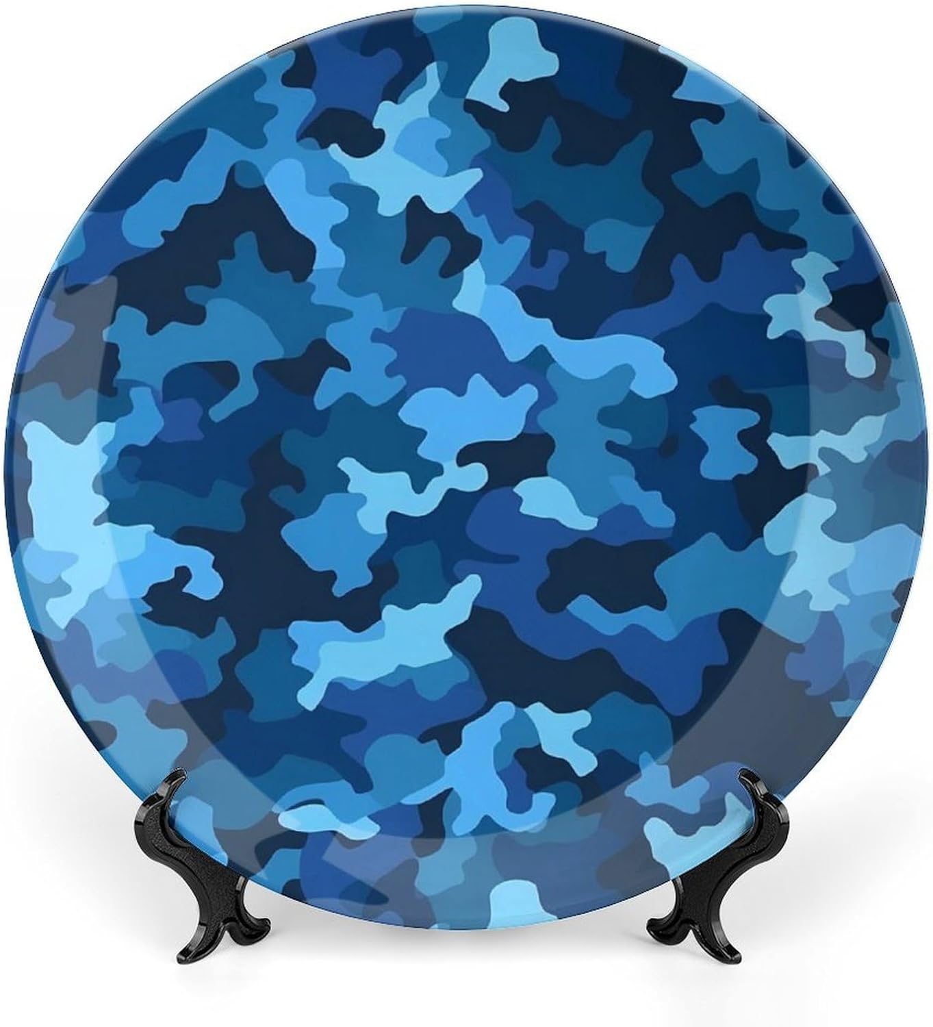 Blue Camo Bone China Decorative Plate with Display Stand, Ceramic Ornaments Plate for Wall Hanging, Personalized Porcelain Plates for Office, Living Room 10inch