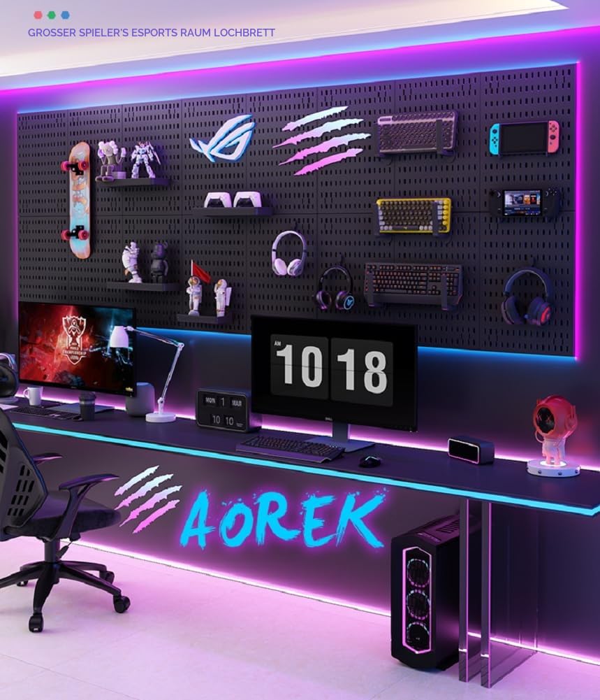 Stecktafel mit RGB- und IC-LED-Lichtstreifen, 2 Metall-Stecktafeln, robust, Gaming-Raum-Wand-Organizer mit Haken, DIY-RGB-Gaming-Setup-Organizer, Wandmontage, 30,5 x