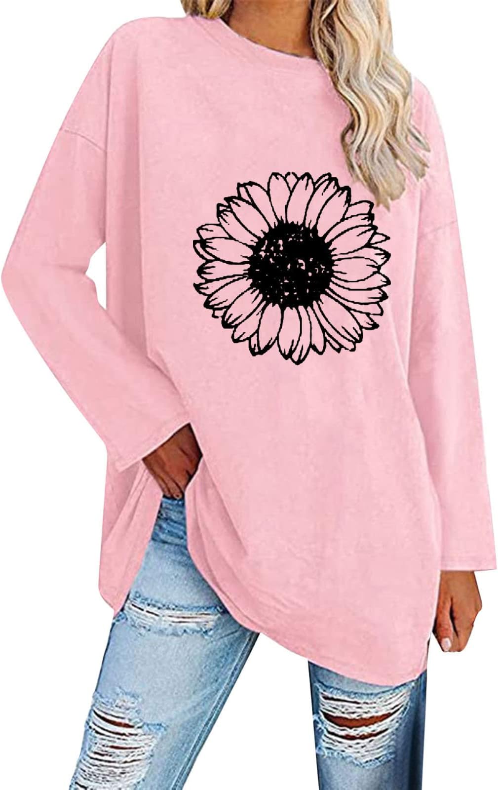 Women's Blouses & Shirts Sale UK Casual Loose Women Long Sleeve Oversized T Shirts Loose Sunflower Pinting Casual Crewneck Tunic Soft Blouse Tops Crop Top Sweater Pullover