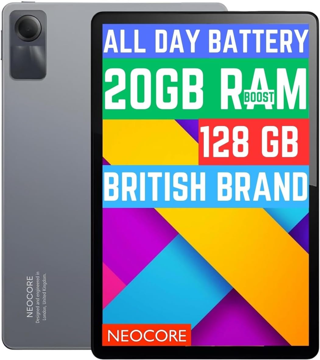 NEOCORE E2s 10.1″ Android Tablet | Ultra Fast, 20GB RAM (8GB+12GB RAM Boost), CPU 8x2GHz | Mega Storage 128GB+ SD Slot up to 2TB | 15-Hours Battery | British Brand 2-Y Warranty | GPS