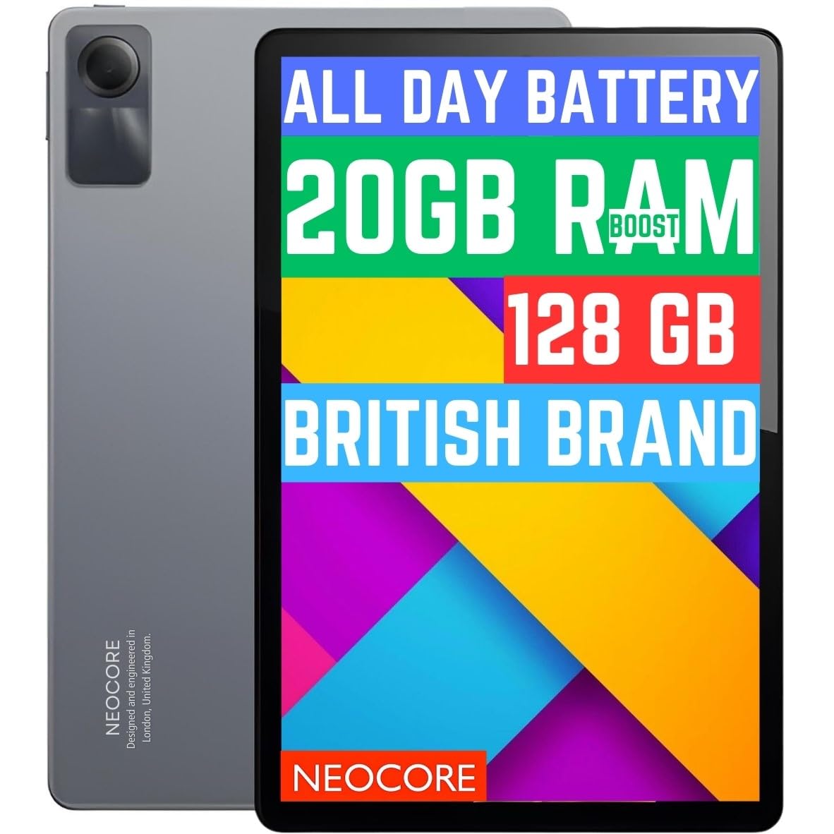 NEOCORE E2s 10.1" Android Tablet | Ultra Fast, 20GB RAM (8GB+12GB RAM Boost), CPU 8x2GHz | Mega Storage 128GB+ SD Slot up to 2TB | 15-Hours Battery | British Brand 2-Y Warranty | GPS