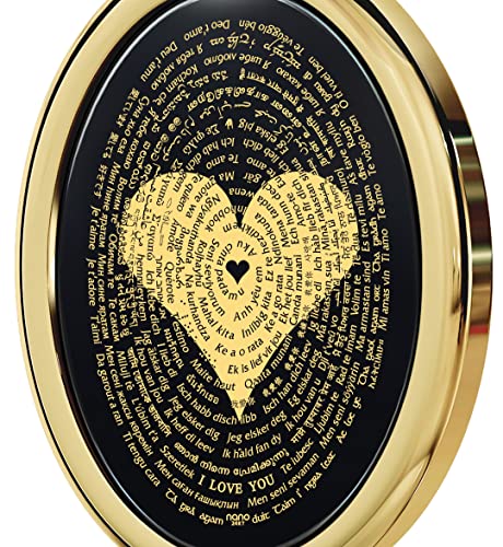 14K Yellow Gold Love Necklace With I Love You Inscribed In 120 Languages In Pure Gold On A Romantic Onyx Anniversary Birthday Gift Pendant For Her, 18" Gold Plated Silver Chain #TOP1