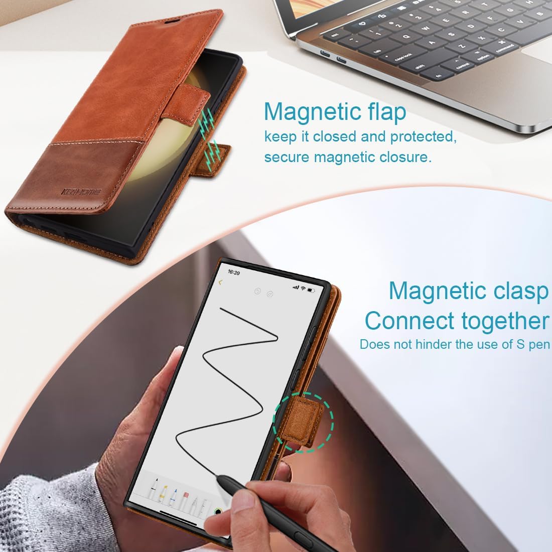 KEZiHOME for Samsung Galaxy S24 Ultra Case, Genuine Leather [RFID Blocking] Galaxy S24 Ultra Wallet Case, Card Slot Flip Kickstand Magnetic Phone Cover Compatible with Samsung S24 Ultra (Khaki/Brown)