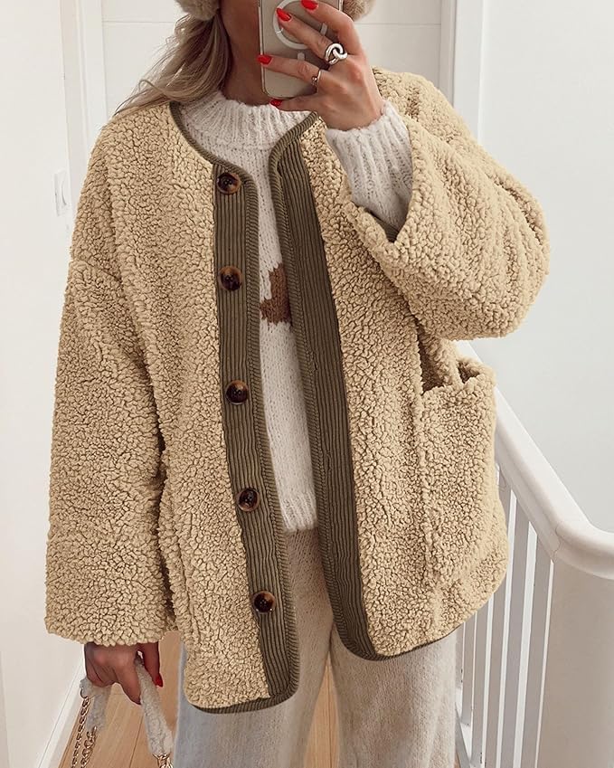 Women's Fuzzy Fleece Jackets Long Sleeve Button Down Fuzzy Sherpa Outerwear with Pockets