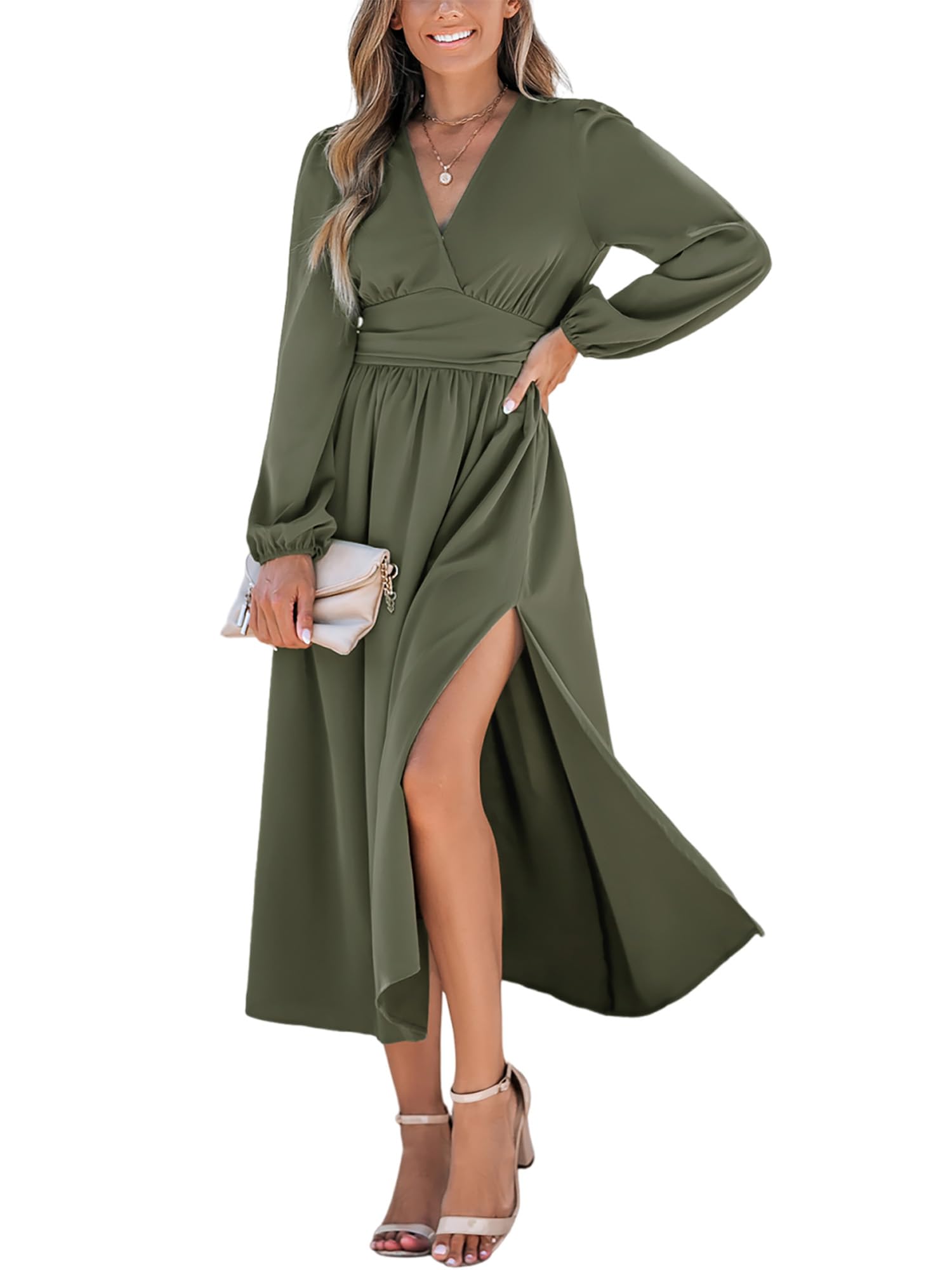 CUPSHE Vestidos de otoño para mujer, cuello en V, manga larga, túnica con abertura en la cintura, color sólido, acampanado, vestido casual midi