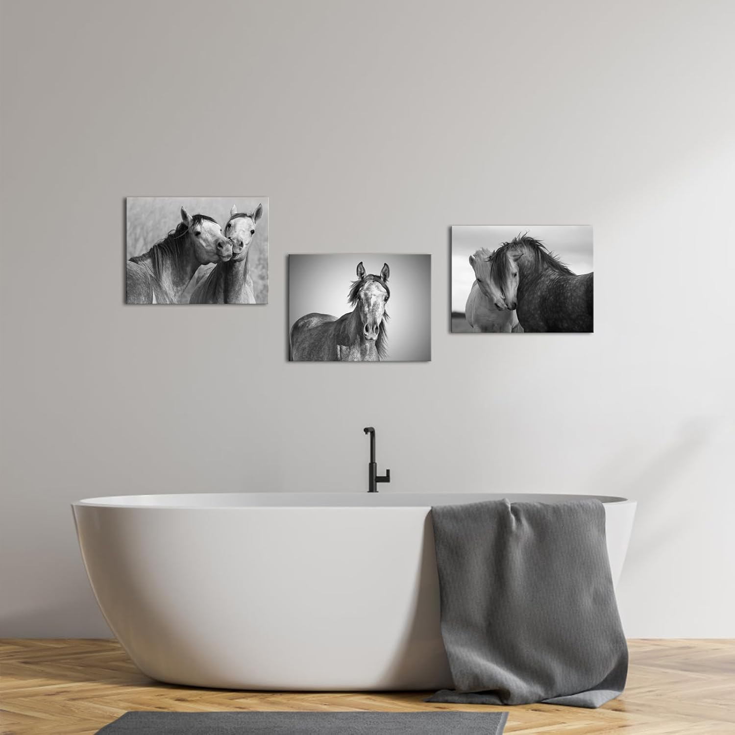 VANSEEING 3 Panels Black and White Horse Picture Wall Decor Animals Canvas Wall Art Romantic Horse Painting Artwork for Living Room Bedroom Office Home 16"x12"x3Pcs