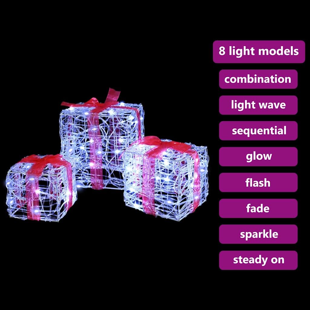 Pudełko na prezent z 60 diodami LED, zimna biel, zestaw 3 szt., akryl, 20 x 20 x 20 cm, dekoracja bożonarodzeniowa z pilotem zdalnego sterowania, do świątecznego oświetlenia i eleganckiej