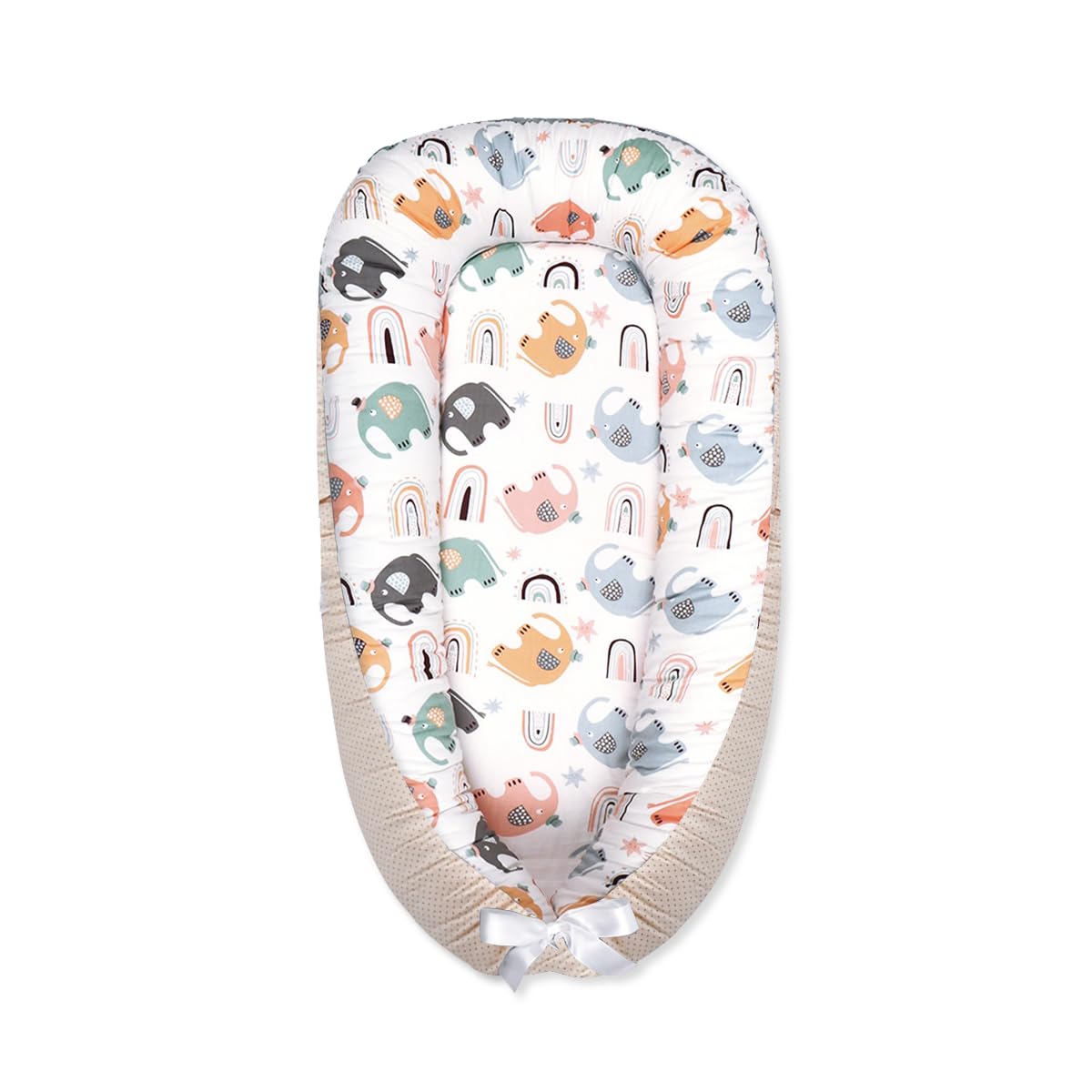 SONARIN Portable Reducteur de Lit Bébé,Nid Bébé Cocoon Nouveau-né Doux Respirant,Couffin de Voyage Nourrisson avec 100% Coton Housse Réversible Lavable,88 x 53 cm(Éléphant Coloré)