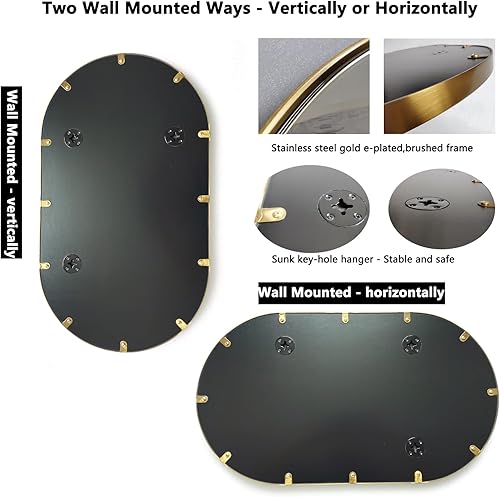 Miniatura 6 de TUSIWIT Espejo de pared ovalado dorado con forma de píldora, espejo de baño con marco de acero inoxidable, espejo de pared decorativo montado