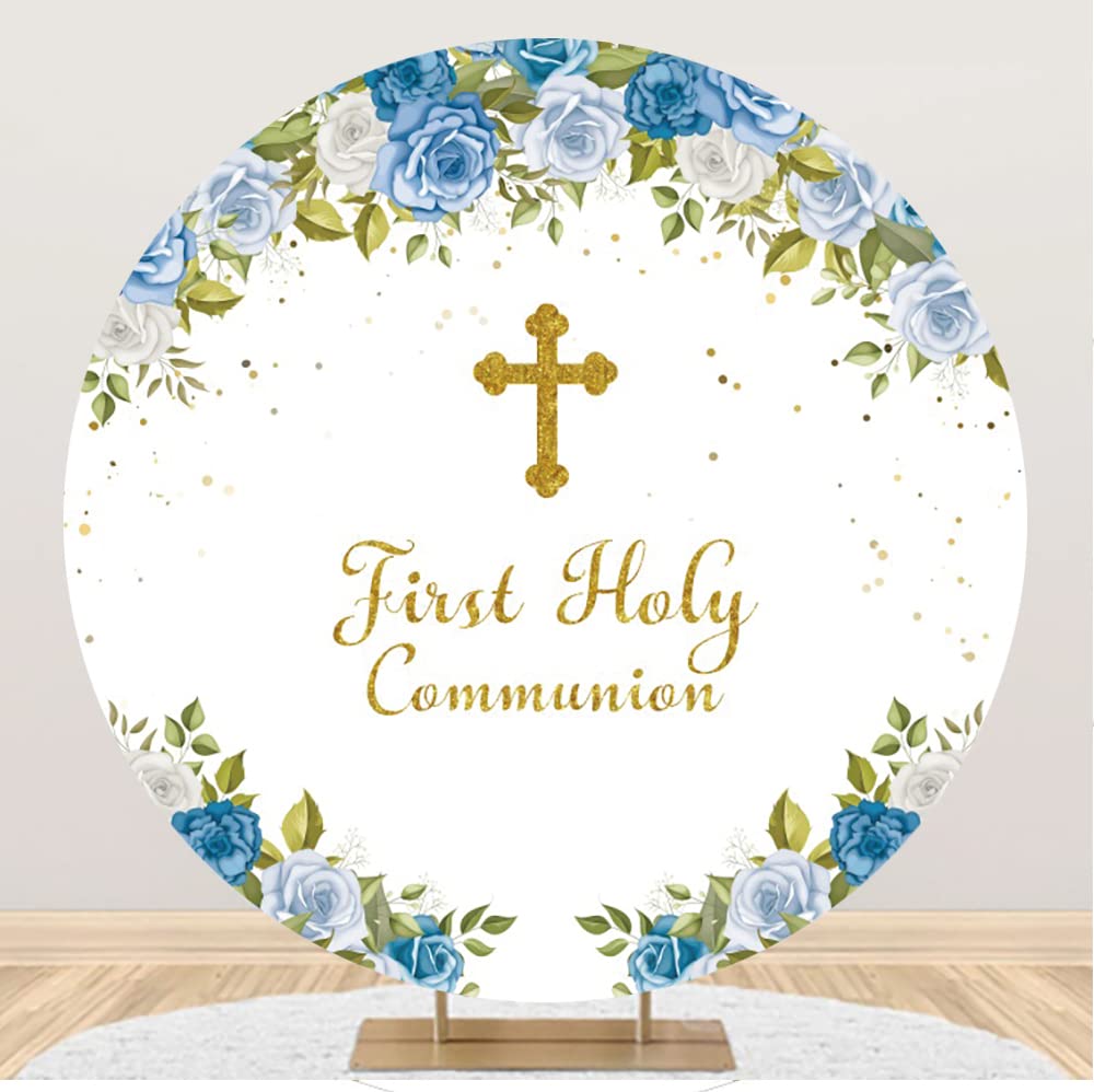 Diametro 2.2m Prima Santa Comunione Tondo Sfondo di copertina Croce d'Oro Fiori Puntini d'oro Poliestere Fotografia Sfondo per Baby doccia Neonato Festa di Battesimo Decoro Studio Puntelli