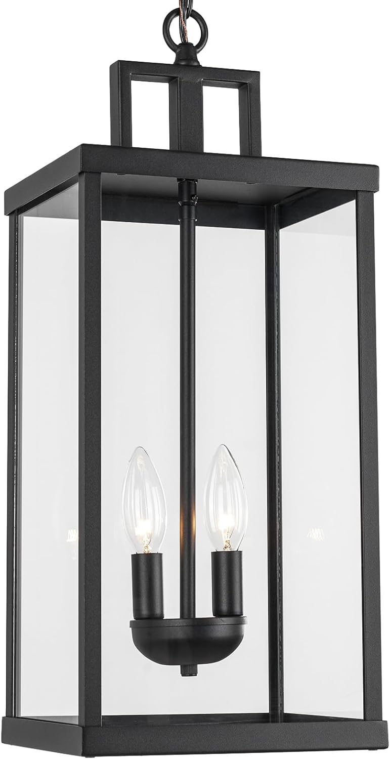 21'' Outdoor Pendant Lantern, 2-Light Modern Black Exterior Chandelier with Clear Glass, Hanging Porch Light for Patio, Yard, Foyer