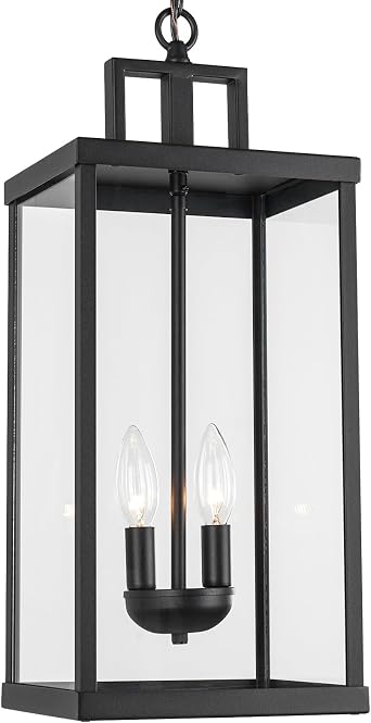 21 Outdoor Pendant Lantern, 2-Light Modern Black Exterior Chandelier with Clear Glass, Hanging Porch Light for Patio, Yard, Foyer