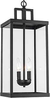 21'' Outdoor Pendant Lantern, 2-Light Modern Black Exterior Chandelier with Clear Glass, Hanging Porch Light for Patio, Yard, Foyer