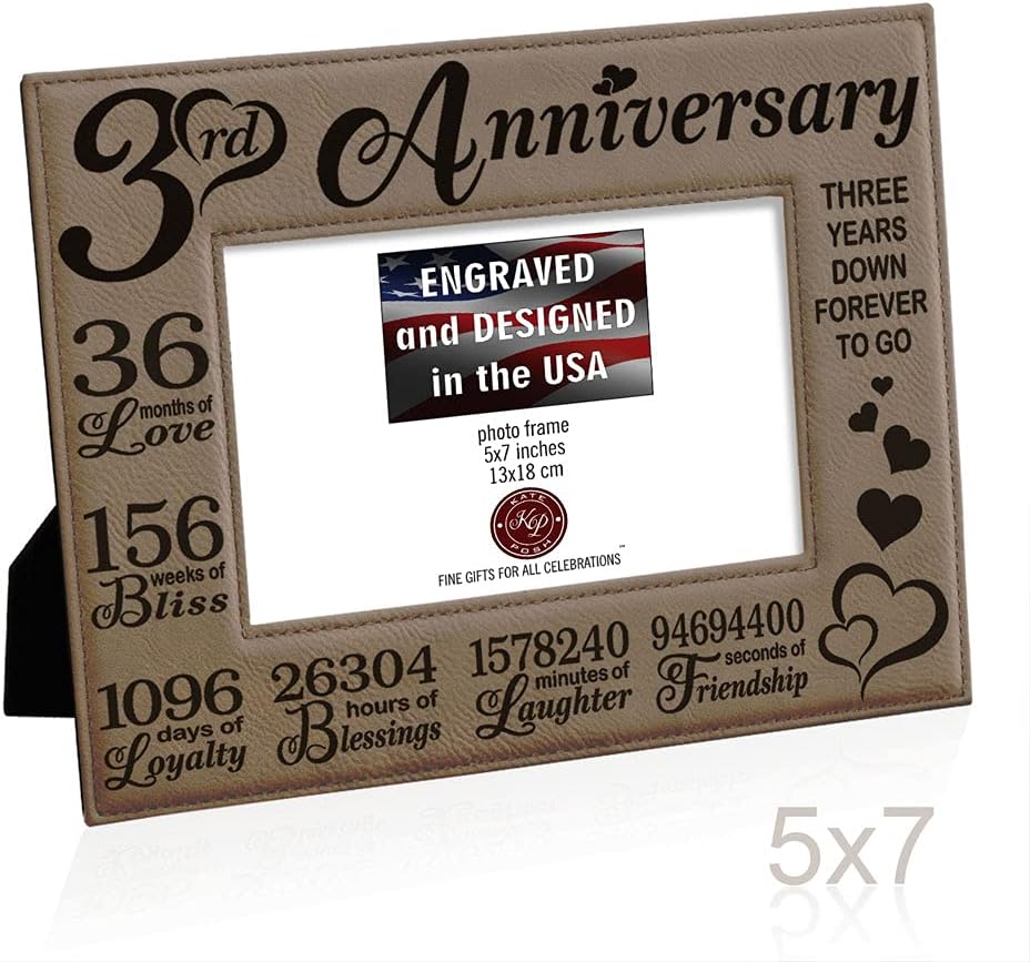 KATE POSH Our 3rd Wedding Anniversary, 3 Years Anniversary, 3 Years of Marriage, Gifts for Couple, Third Anniversary - Engraved Leather Picture Frame (5 x 7 Horizontal)