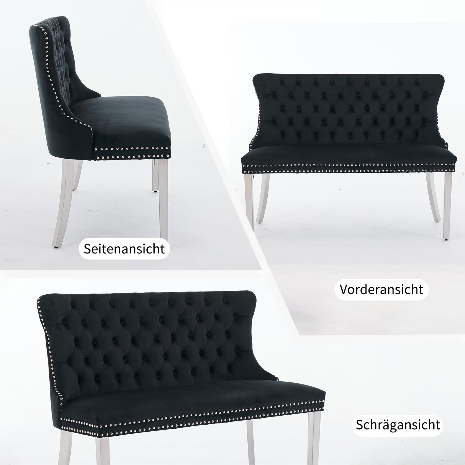 Shenyon Samt-Esszimmerbank mit Rückenlehne, Chesterfield Sitzbank mit Knopfheftung, Silberne Edelstahlbeine mit Ziernägeln, gepolsterte Sitzbank für Esszimmer, Küche & Flur, Schwarz