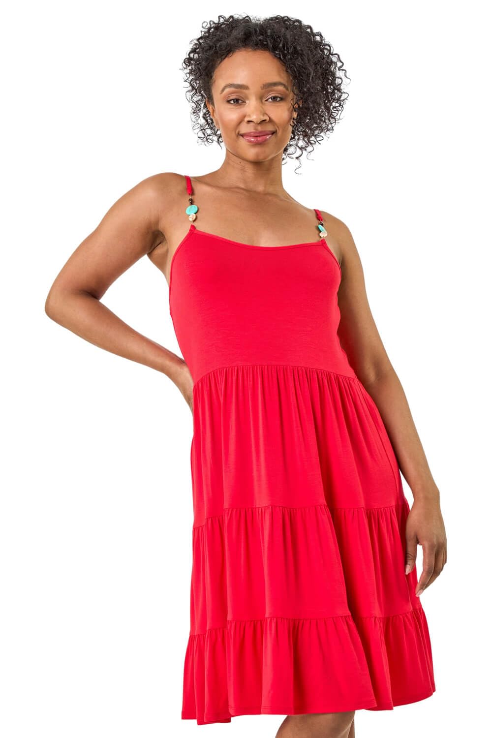 Roman Originals Women's Petite Red Roman Petite Beaded Strappy Tiered Dress For Uk - Everyday Holiday Spring Summer Square Neckline Comfy Soft Evening Vacation Work Party - Size 14