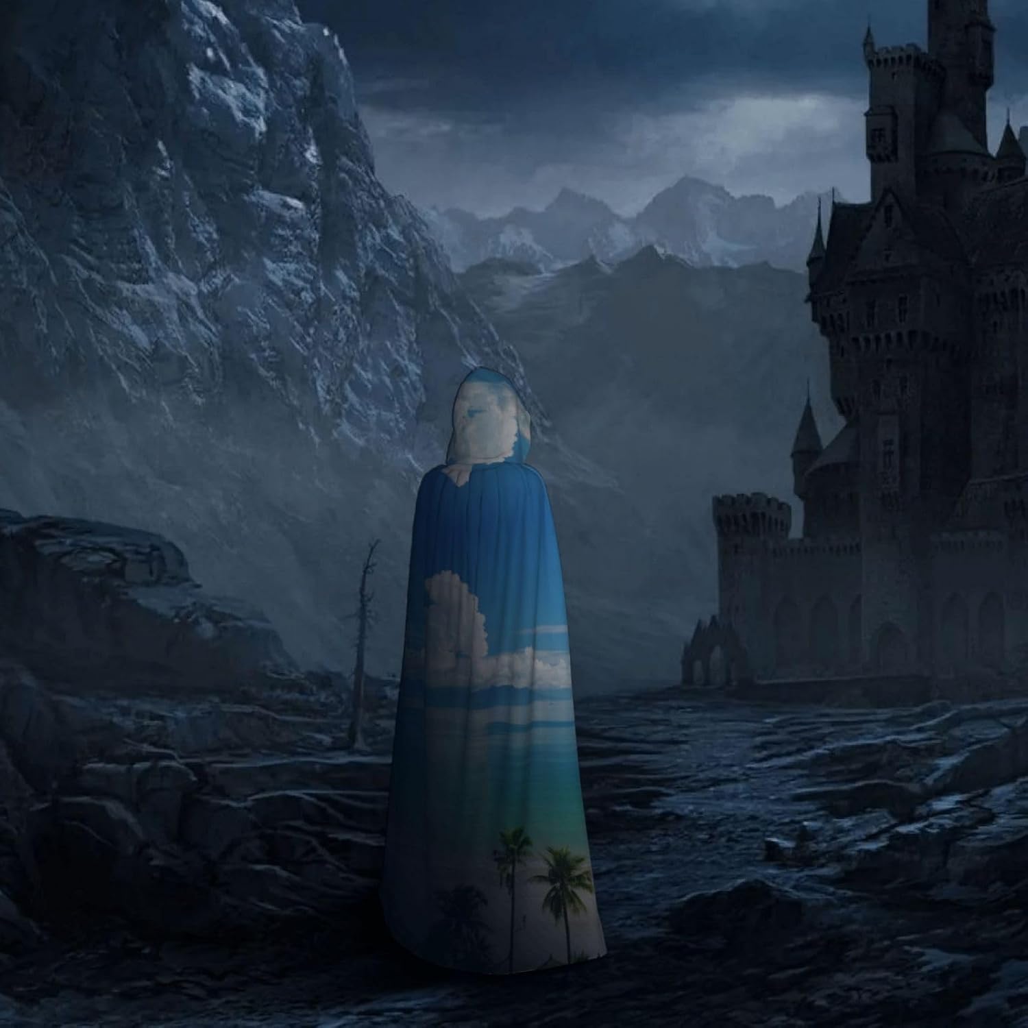 (Beach and Palm Tree) Unisex Hooded Cloak Cape with Hood Halloween Cosplay Costume Robe for Men Women