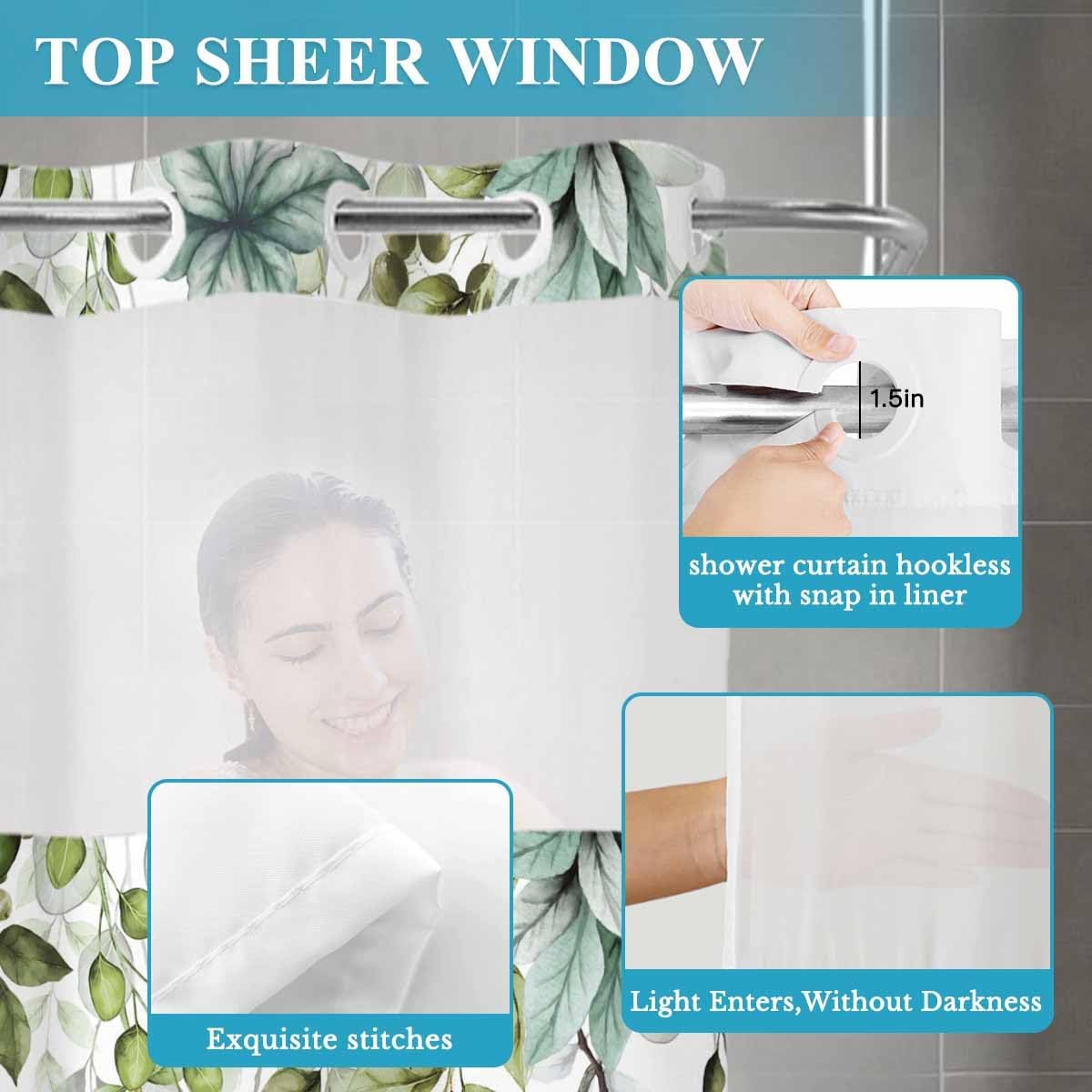 Sage Green Eucalyptus Leaf No Hook Shower Curtain with Snap in Liner for Bathroom, Abstract Leaves Shower Curtains, Waterproof Fabric Botanical Plants Shower Curtain with See Through Top Window,72x72
