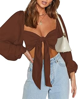 SOFIA'S CHOICE Women's Self Tie Front Crop Top Long Lantern Sleeve Chiffon Blouses