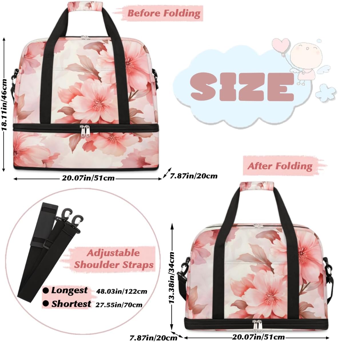 QsirBC Cherry Blossom Floral Style Gym Bag for Women Duffle Tote with Shoes Compartment Men Weekender Duffel for Dance Travel Sports Swimming Overnight