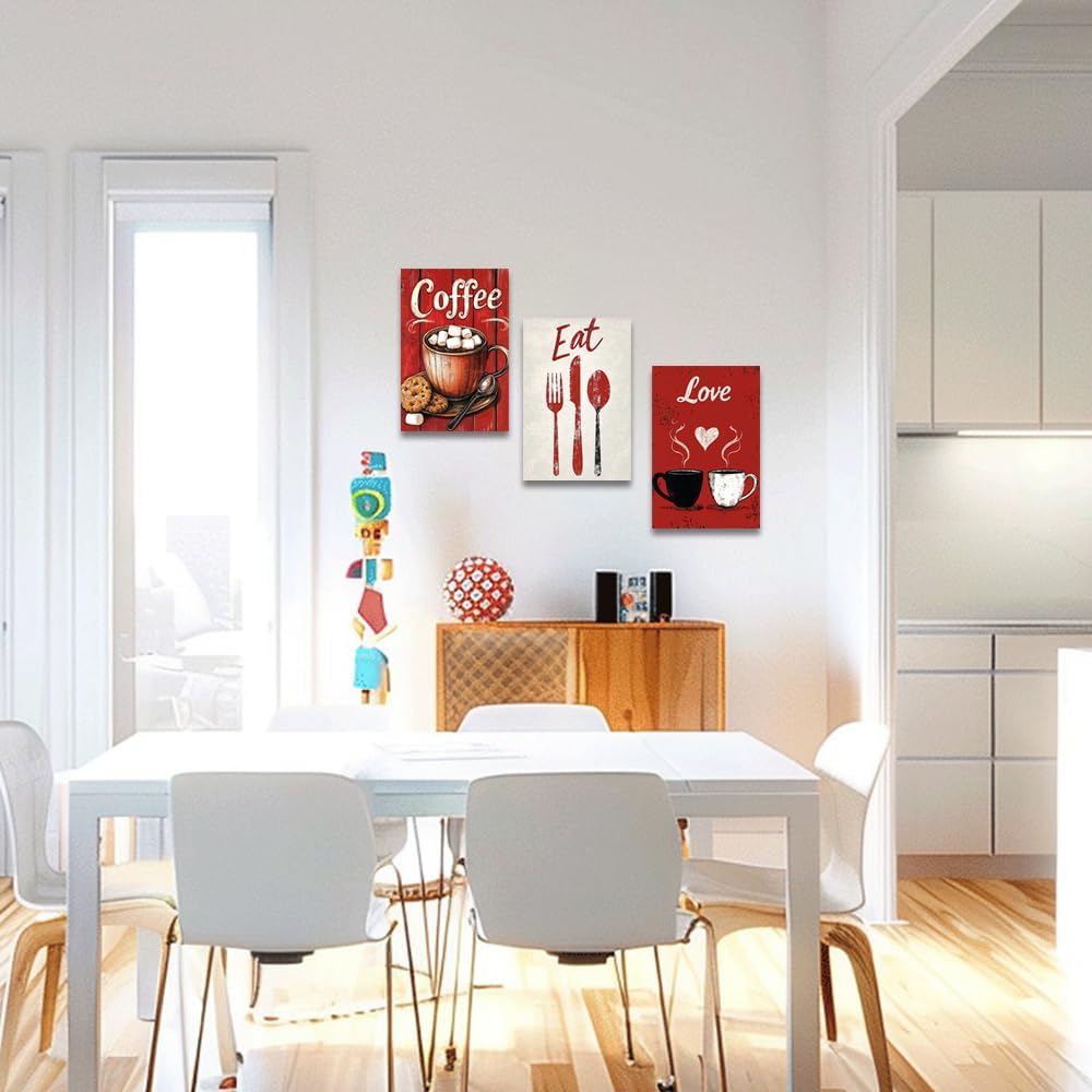 ZQQART Kitchen Canvas Wall Art 3 Pieces Red Black White Coffee Picture Vintage Knife and Fork Painting Coffee Shop Cafe Decor Framed(Red,12.00"x16.00"x3Pcs)
