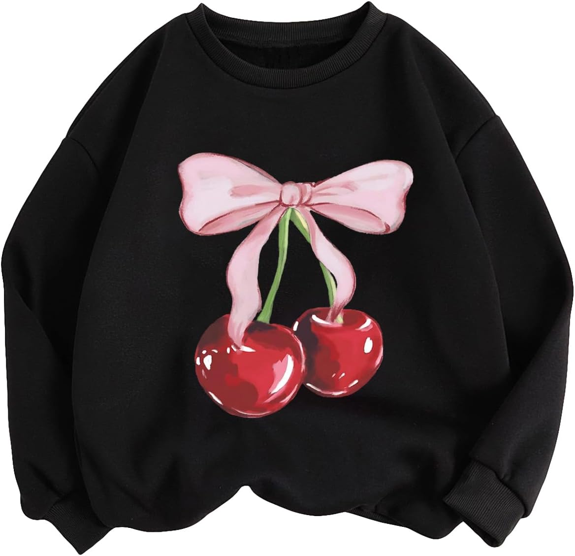 WDIRARA Girl's Cherry Bow Graphic Sweatshirts Crew Neck Long Sleeve Cute Pullover Tops