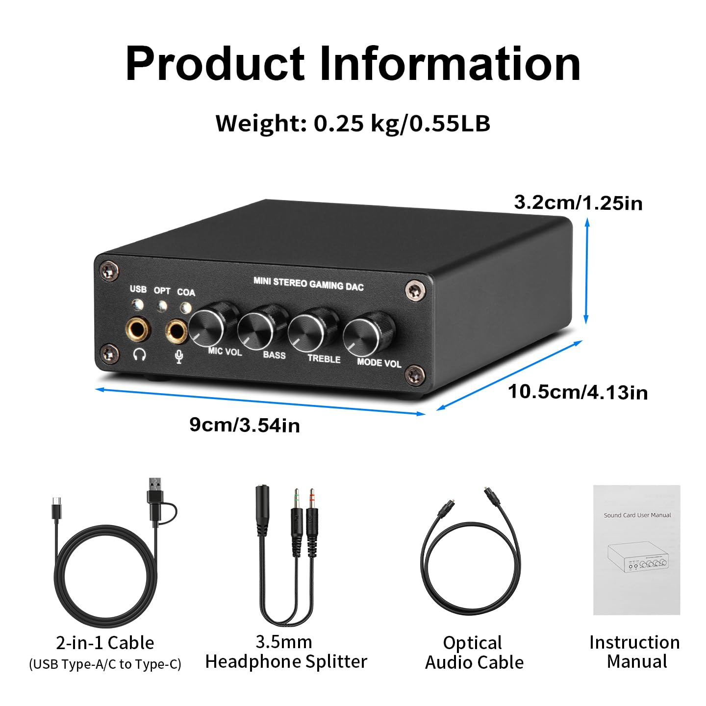 Depusheng GI2 Carte son externe USB Gaming DAC Amplificateur audio en aluminium Adaptateur audio 3,5 mm TRS RCA Sortie optique Entrée Contrôle du volume pour PC PS4 Xbox Mac Laptop