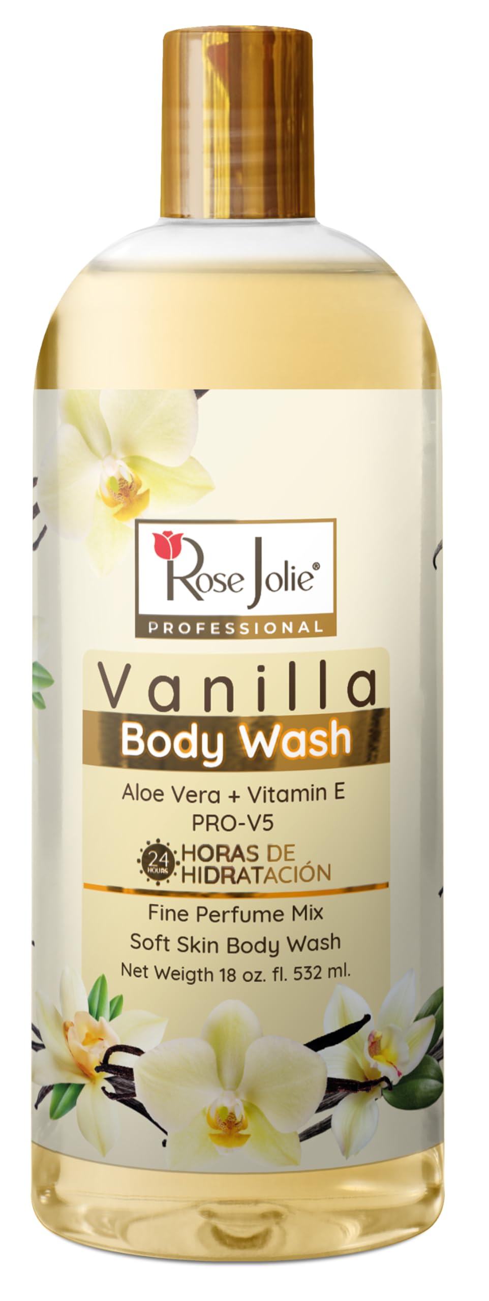 Rose Jolie Vanilla Body Wash with Aloe Vera Vitamin E 24-Hour Hydration Moisturizing Body Cleanser for Soft Skin