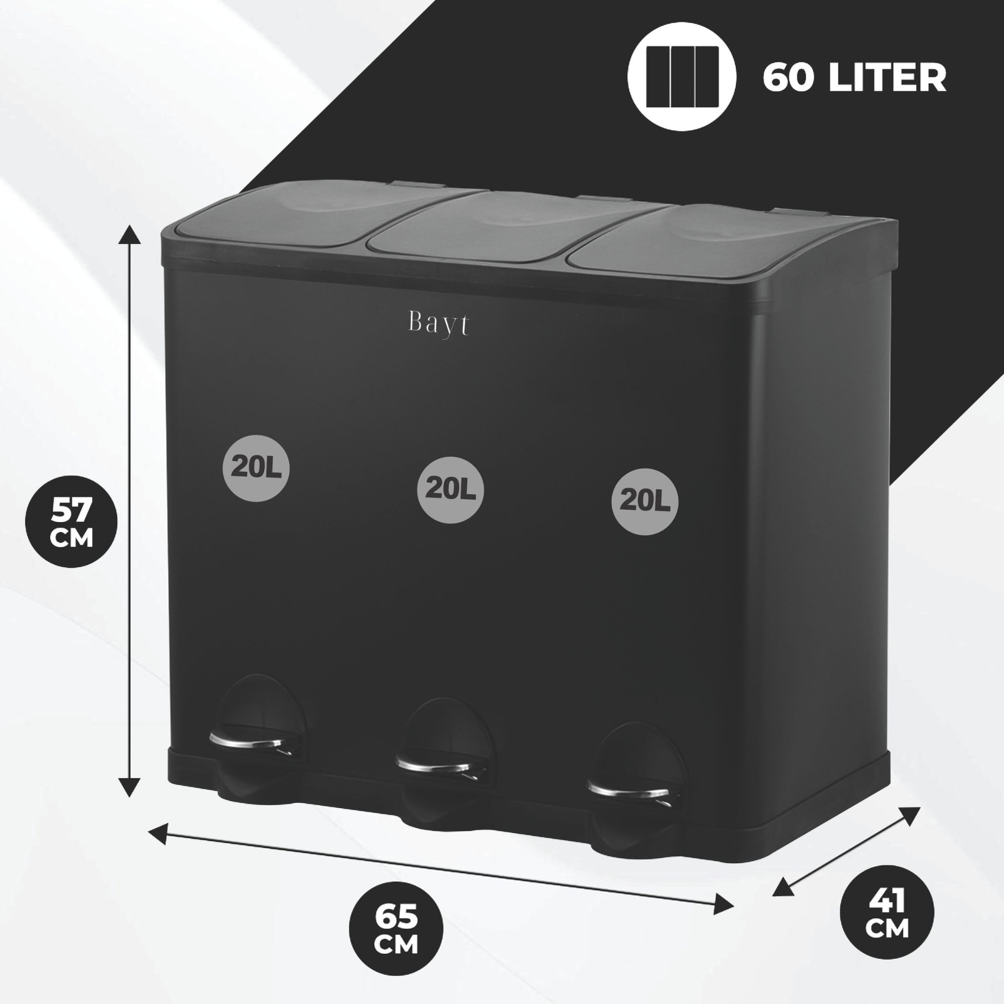 Bayt Mülleimer 60L (3x20L) – Mülltrennsystem 3 Fächer für die Küche – XXL Treteimer aus Edelstahl (Rostfrei) – Geruchsdicht & Fingerabdruckfrei – Inkl. Inneneimer, Schwarz