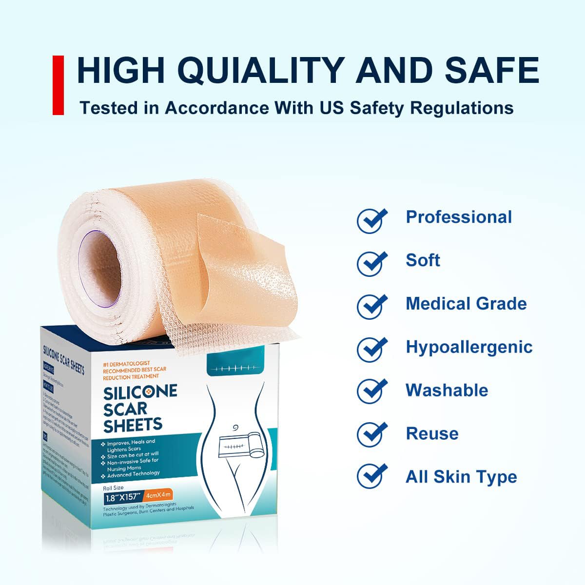 Silicone Scar Sheets Tape for Surgical Scars, C Section Scar Silicone Strips, Medical Grade, Reusable, Soften and Flattens Scars, Breast, Keloid, Professional Scar Patches. (1.8x157 Inch)