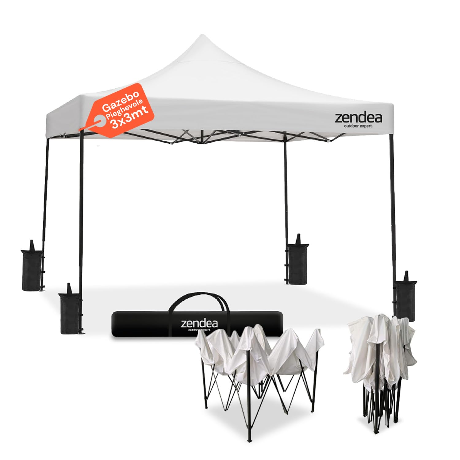 Zendea - Gazebo Bianco 3x3 Pieghevole Impermeabile con Struttura Rinforzata e Copertura Oxford 600D PVC, Montaggio Rapido a Fisarmonica per Giardino ed Eventi, 4 Sacchi Stabilità Inclusi