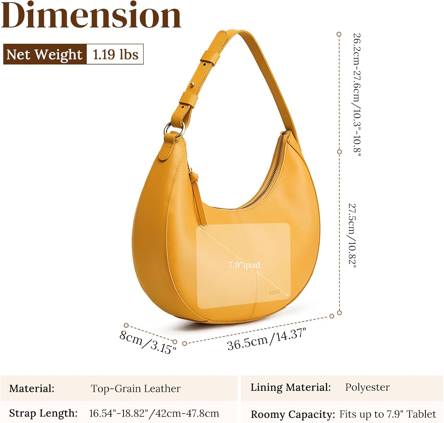 S-ZONE Top Grain Leather Shoulder Bags for Women Hobo Crescent Bag Handbags Purse - Image 4