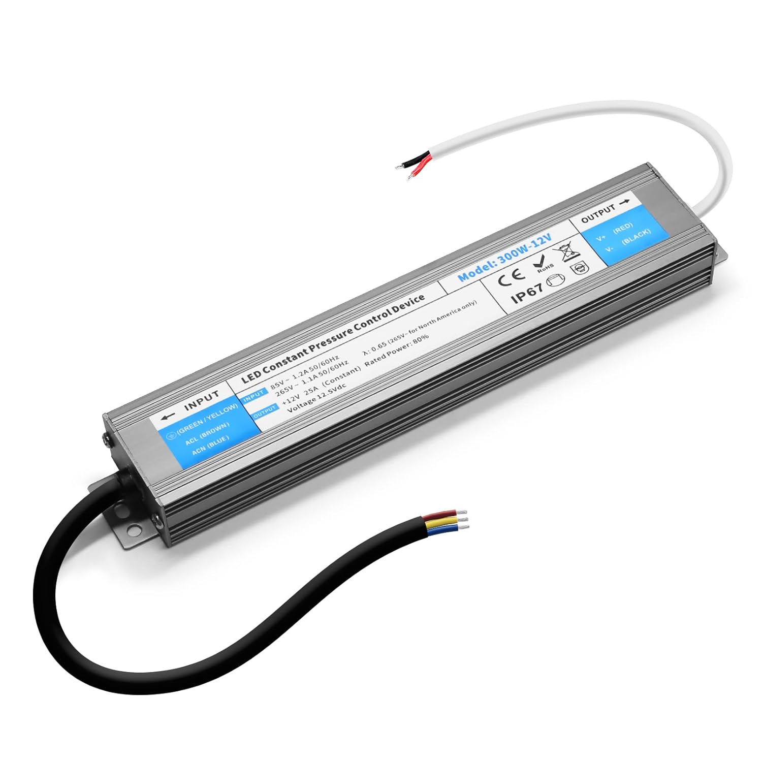 LED Driver 300 Watts Waterproof IP67 Power Supply 85V-265V AC to 12V DC Converter,Quiet and Small LED Transformer Low Voltage Output for LED Strip Lights,Outdoor