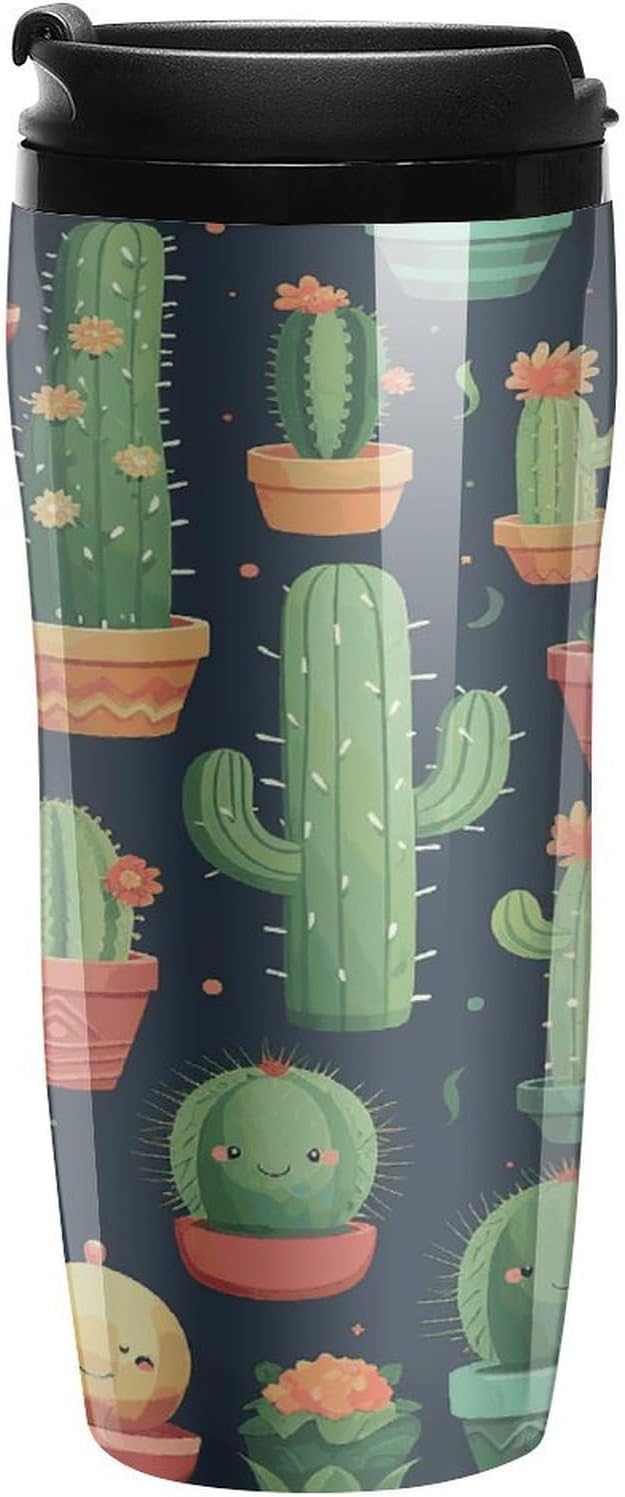 Cute Cactus Seamless Illustration Coffee Cup Reusable Portable Water Bottle with Double-Walled Plastic,Coffee Mug for Hot & Cold Drinks, Cup Holder Friendly 350ml
