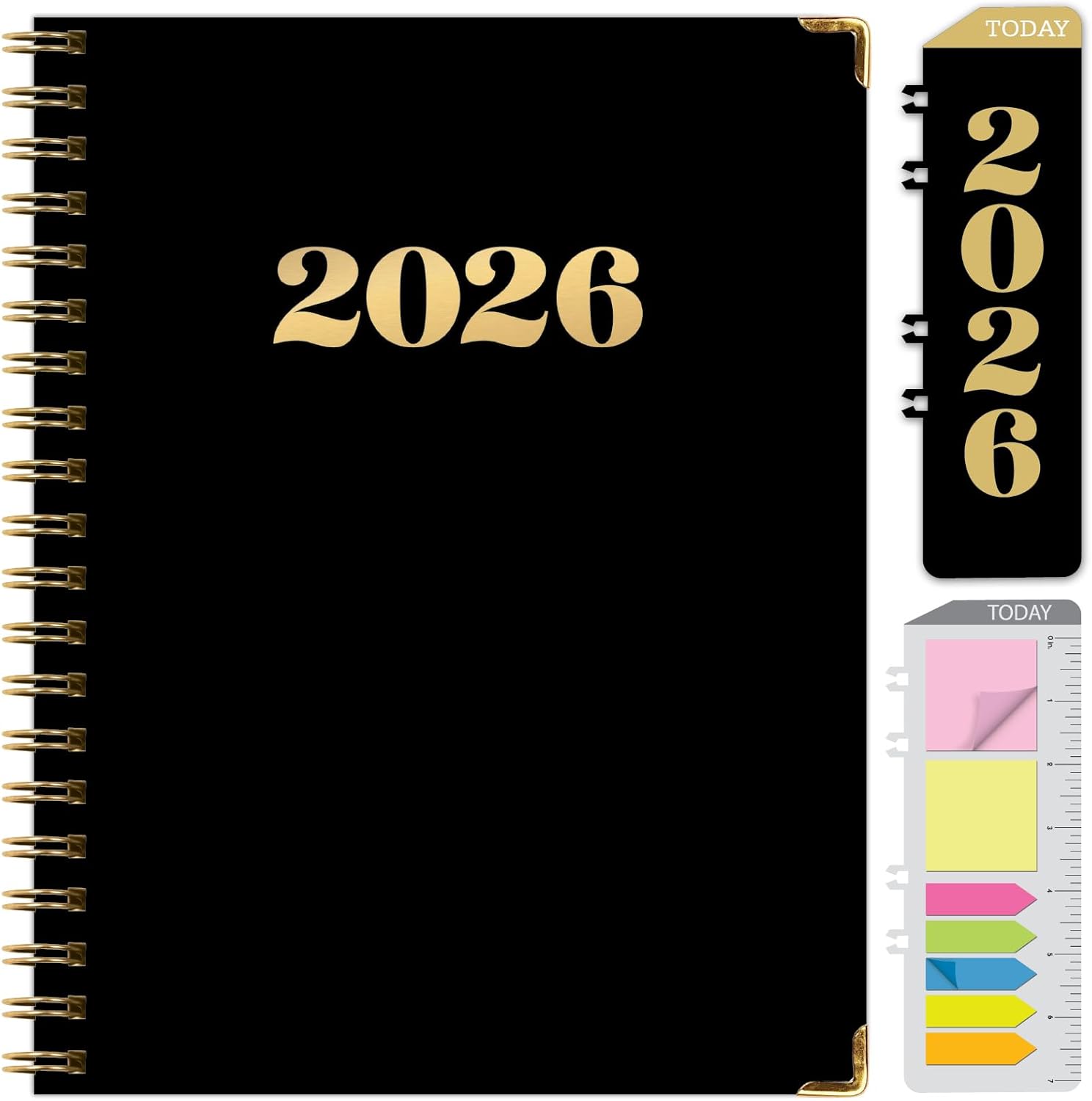 HARDCOVER 2026 Planner, 8.5"x11": 14 Months (November 2025 - December 2026), Daily Weekly Monthly Planner, Yearly Agenda, Bookmark, Pocket Folder and Sticky Note Set (Black Gold Numbers)