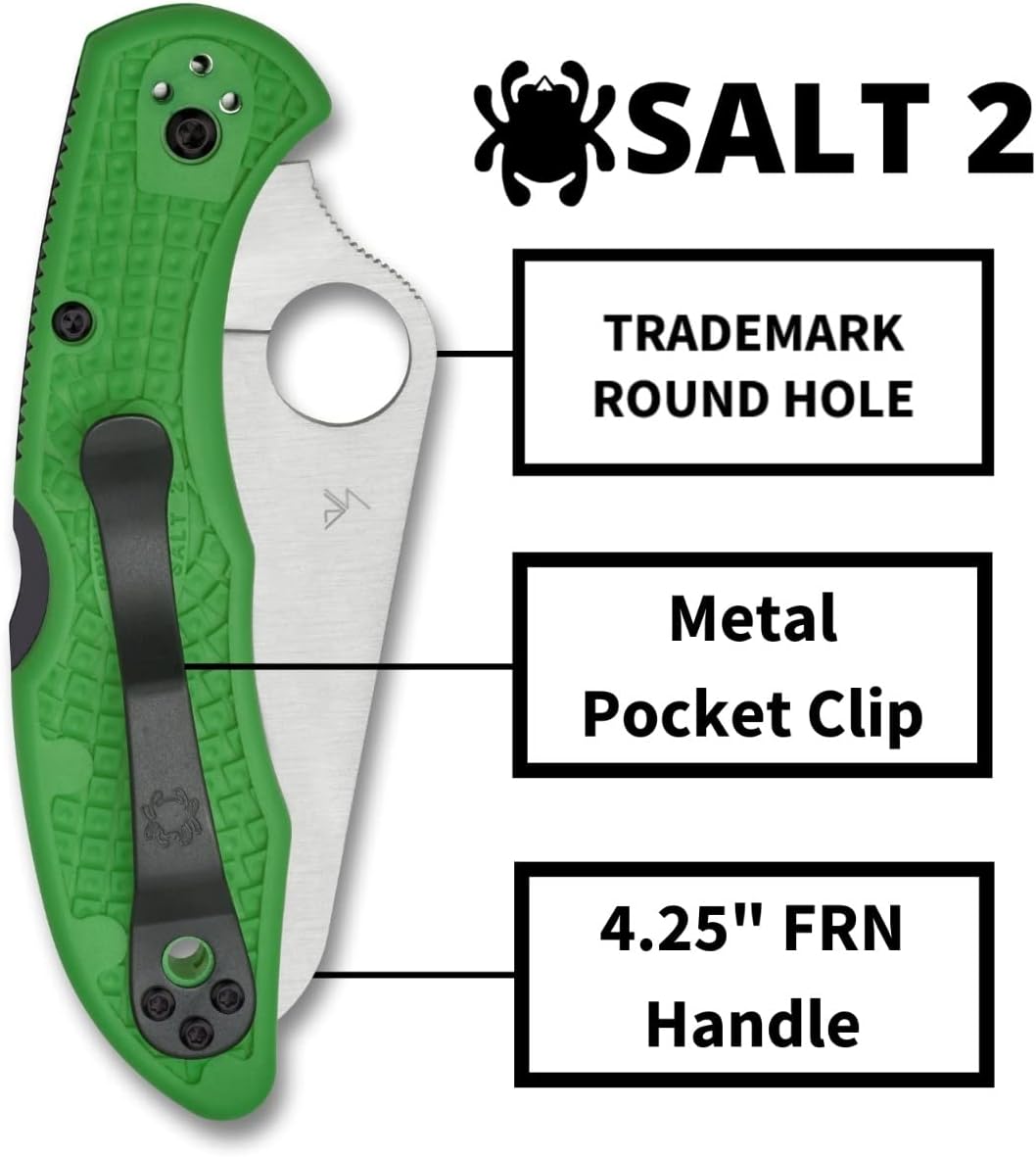 Spyderco Salt 2 Knife with 3" LC200N Stainless Steel Blade and Lightweight FRN Green Handle - PlainEdge - C88FPGR2