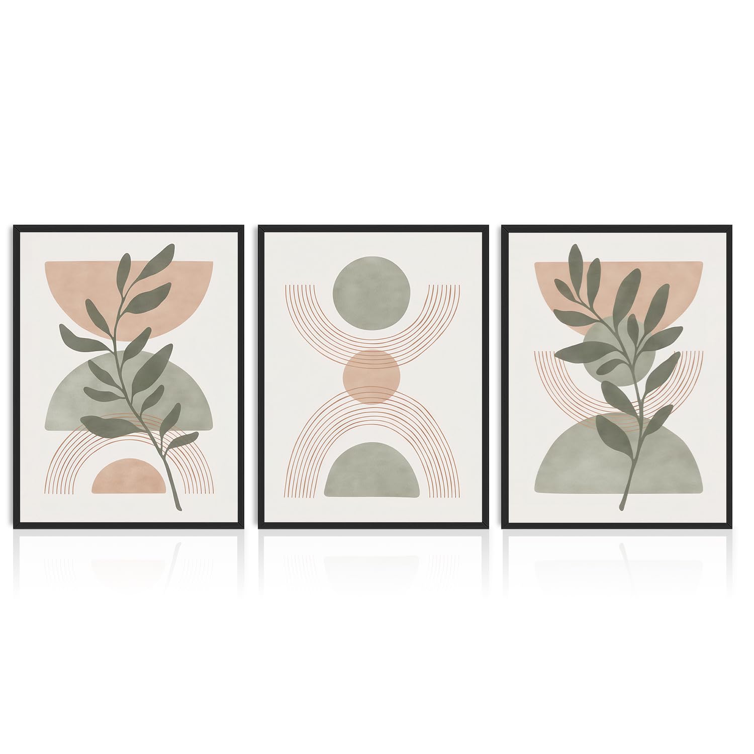Dazzlewall 3Pcs Minimalist Boho Sage Green Wall Art Set,Botanical Leaf & Geometric Shapes Canvas Prints for Bedroom Living Room Decor 12x16 in Unframed