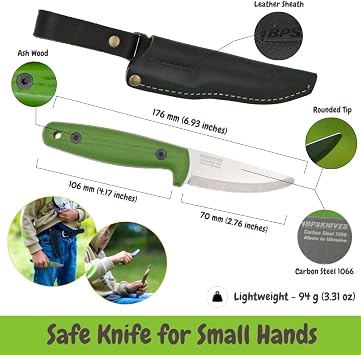 BPSKNIVES Season Series Spring - Kids First Knife - Bushcraft Knives for Boys - Whittling Knives for Kids - Safe Kid Knife with Sheath & Rounded Tip - Camping Knife - Gift for Boys