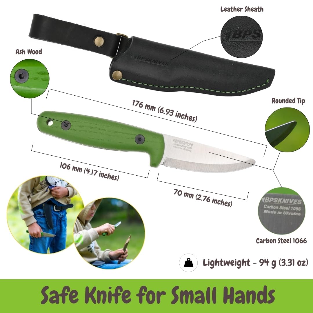 BPSKNIVES Season Series Spring – Primo Coltello per Bambini – Coltelli Bushcraft per Ragazzi – Coltelli da Intaglio – Coltello da Campeggio Sicuro per Bambini con Fodero e Punta Arrotondata