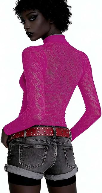 Women Sexy Leopard Print Lace Tops, Cheetah Patterned Long Sleeve Fishnet Mesh Bodycon Rave Party Shirts