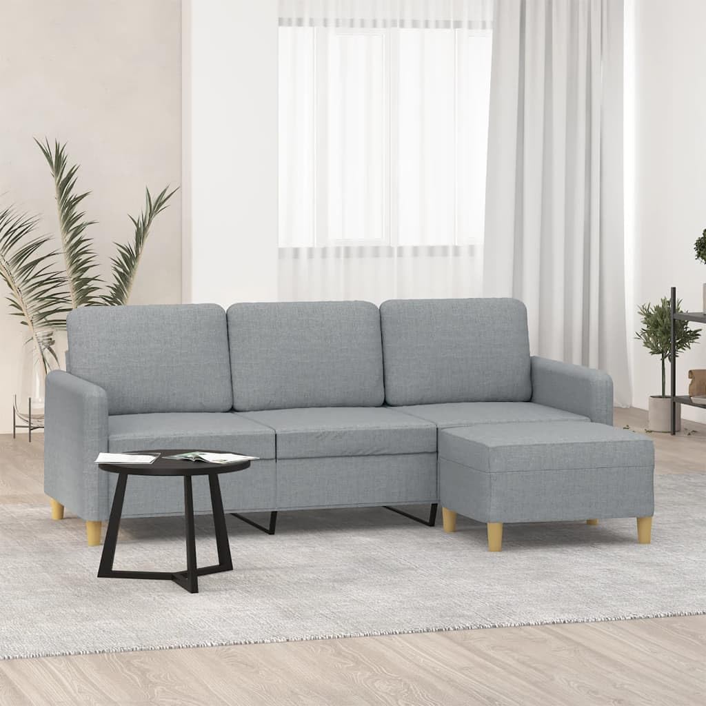 3-osobowa sofa z taboretem, jasnoszara tkanina 198 x 77 x 80 cm, zestaw tapicerowany, tapczan, do salonu, otomana, funkcja relaksu, funkcja leżenia, pokój gościnny