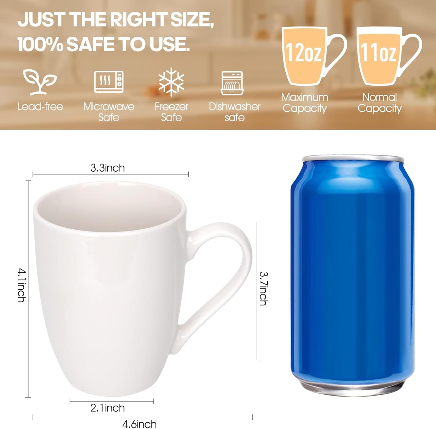 xihihiaa 6 Pack Ceramic Coffee Mugs Set, 12 OZ Porcelain Coffee Cups with Handle, Hot Tea, Americano, Mocha, Milk, Latte, Snow, Dishwasher and Microwave Safe, Set of 6 White