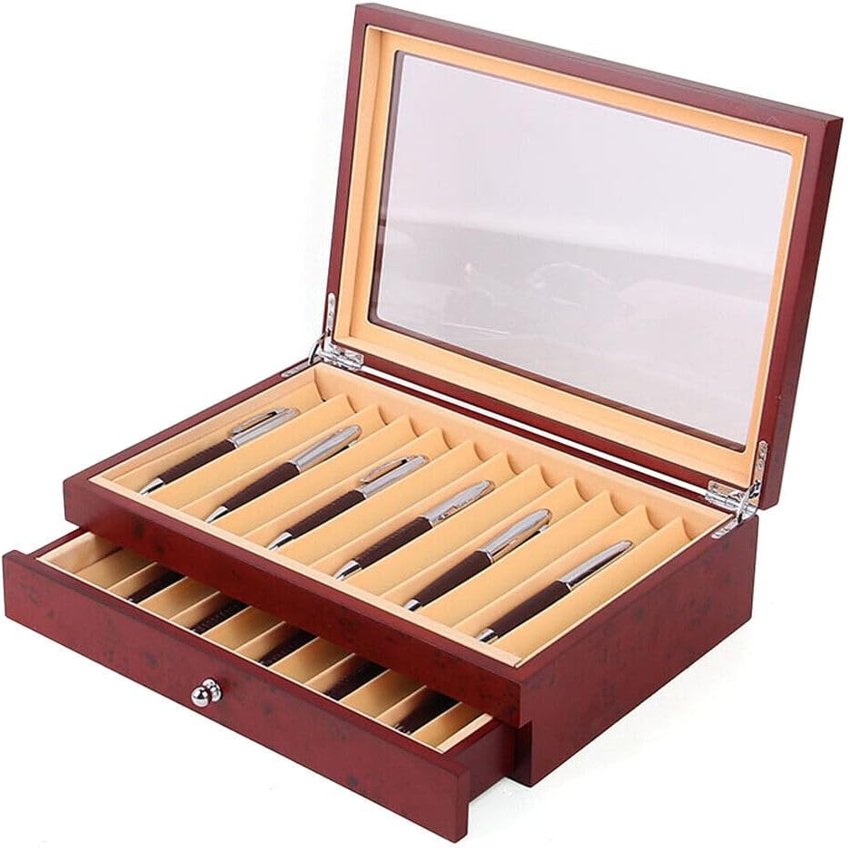 MYOYAY 2 Tier Wood Pen Display Box 23 Slot Pen Storage Organizer Box Luxury Fountain Pen Collector Case with Lid for Shop or Home, Red