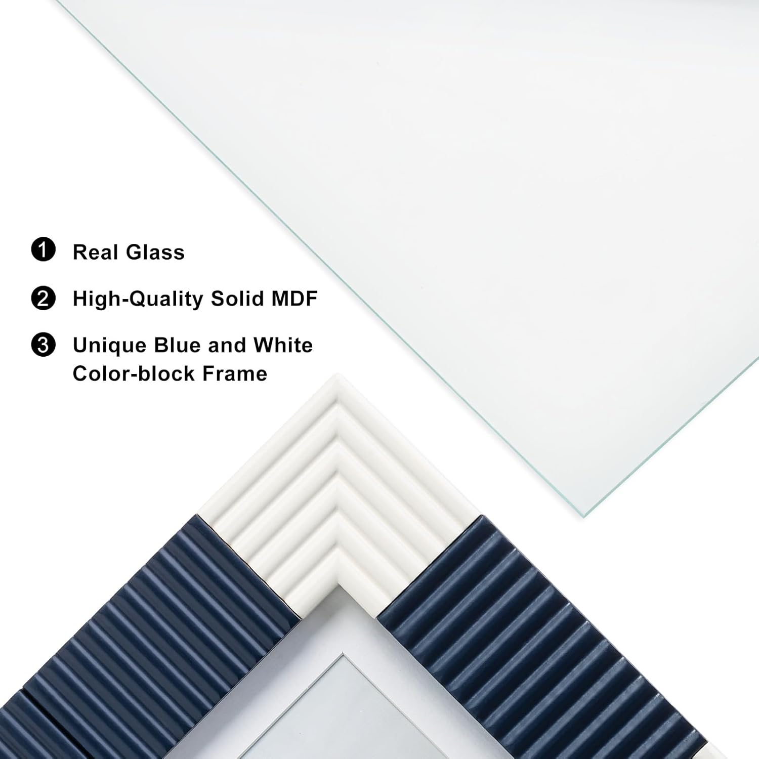 5x7 Picture Frame, Navy Blue on White Color-Blocking, Solid Wood with Real Glass, Matted to 4x6, Vertical and Horizontal for Tabletop or Wall Hanging Display Photo Frame