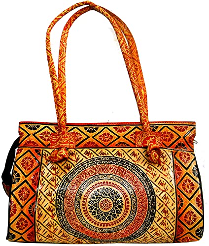Craftsofindia® Mandala Design/Circles Design traditional Indian 100% Genuine Pure Shantiniketan Leather Shoulder Bag