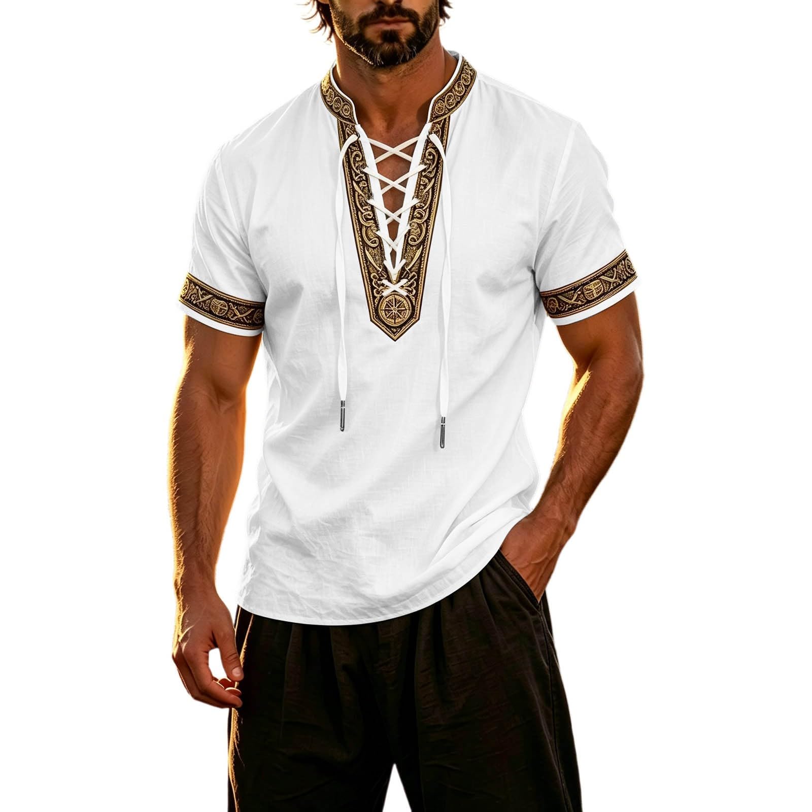 Summer Shirts for Men Short Sleeve Medieval Pirate Scottish Ghillie Shirt — image 1