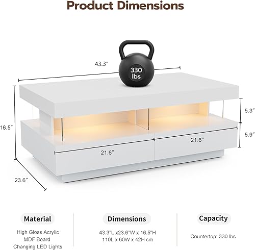 Miniatura 17 de Mesa de centro LED moderna, mesa de centro blanca de alto brillo con luces LED de 16 colores, mesa de centro rectangular contemporánea para sala de