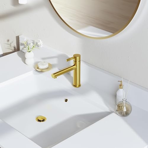 Miniatura 9 de Phiestina Grifo de baño de oro cepillado de un solo agujero, grifo de un solo mango montado en cubierta de arco bajo con aireador de detective, con