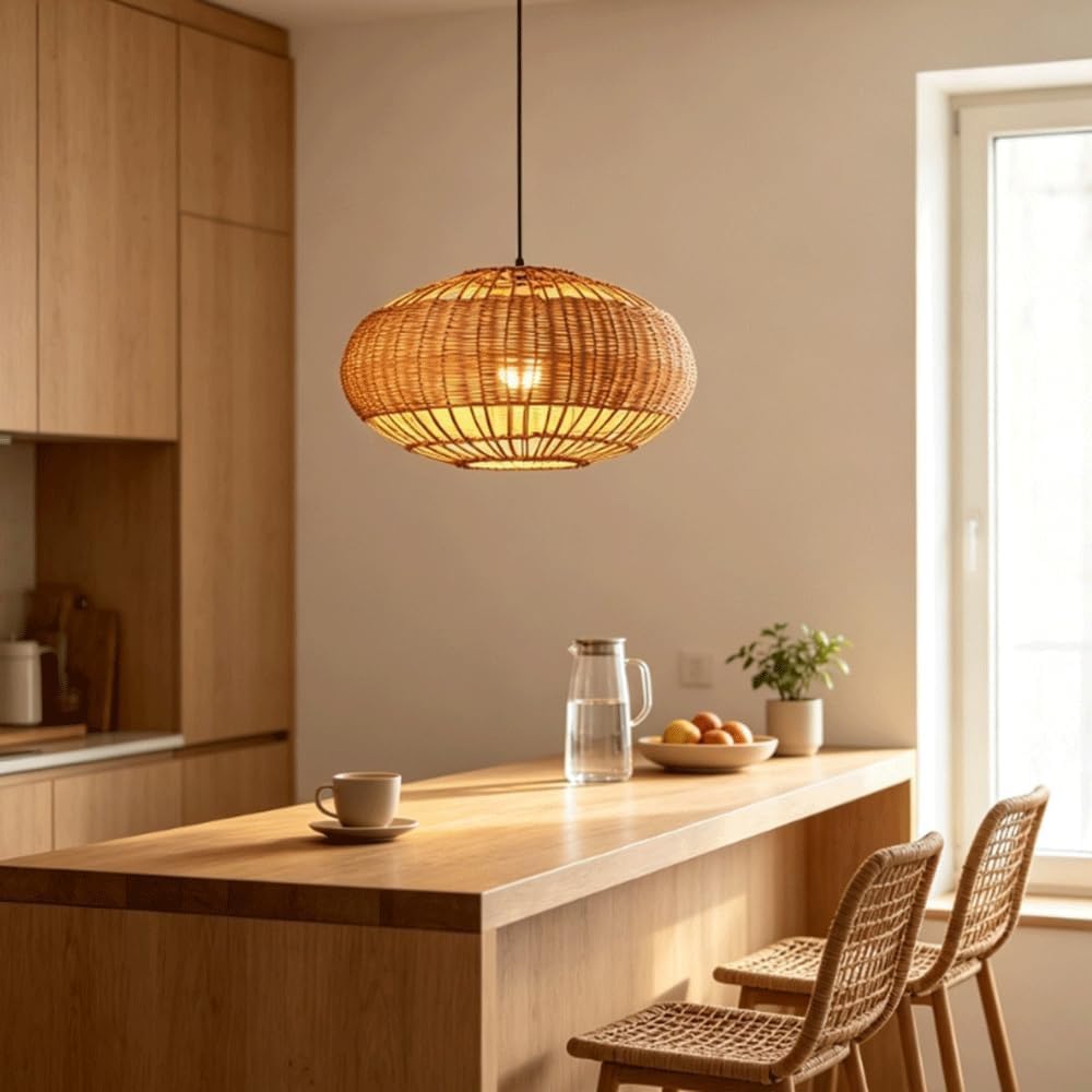 XQIDIANAA Beige Rattan Pendant Light for Dining Room,Farmhouse Chandelier Wicker Chandelier Boho Hanging Light Fixture for Kitchen Foyer Restaurant