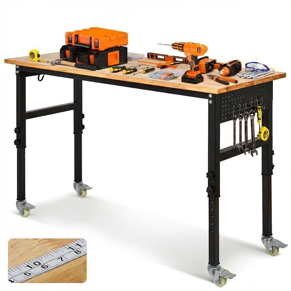 60" x 24" Heavy Duty Workbench with ETL Power Outlet, 8-Level Height Adjustment (29.5"-39.4"), Rubberwood Top with 2000 Lbs Capacity, for Garage/Workshop/Home Office,​ Metal Casters &amp; Pegboard